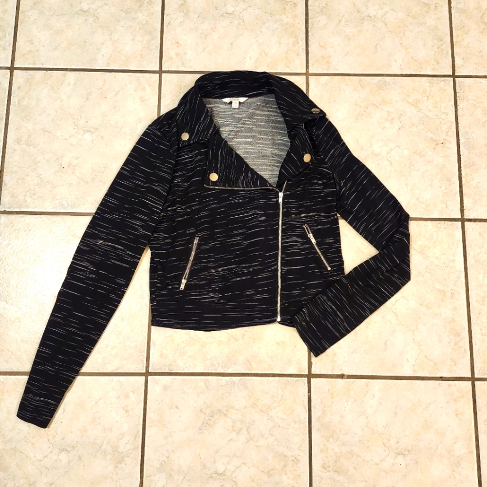 NWOT Candies Moto Biker Jacket Juniors Black Space Striped Knit Med